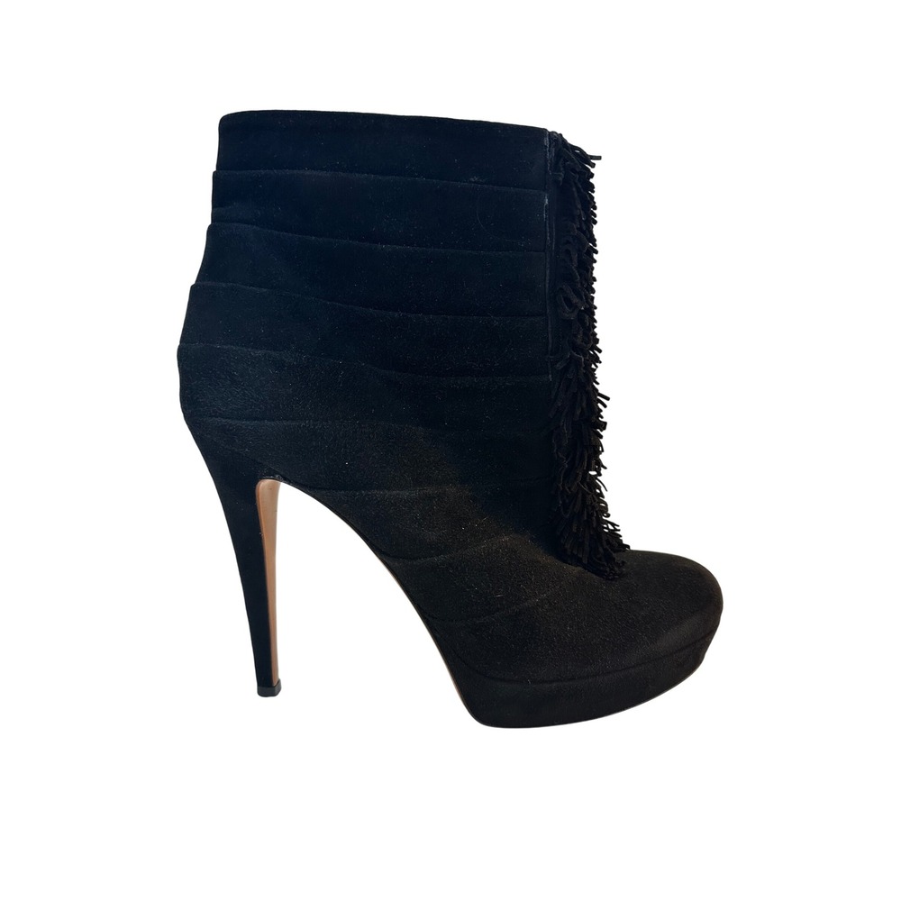 Gucci Fringe Suede Ankle Boots Size 39 US 8.5 Black Stiletto Platform Pleated